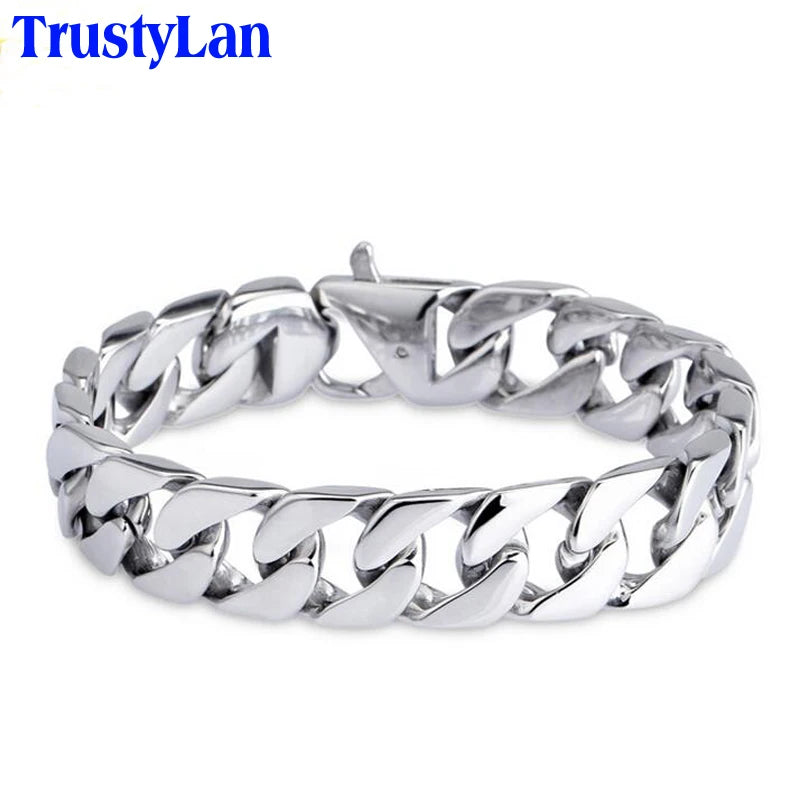 Polished 316L Stainless Steel Curb Chain Bracelet Man 15MM Wide Men's Bracelets & Bangles Handle Fashion Male Jewelry Accessory