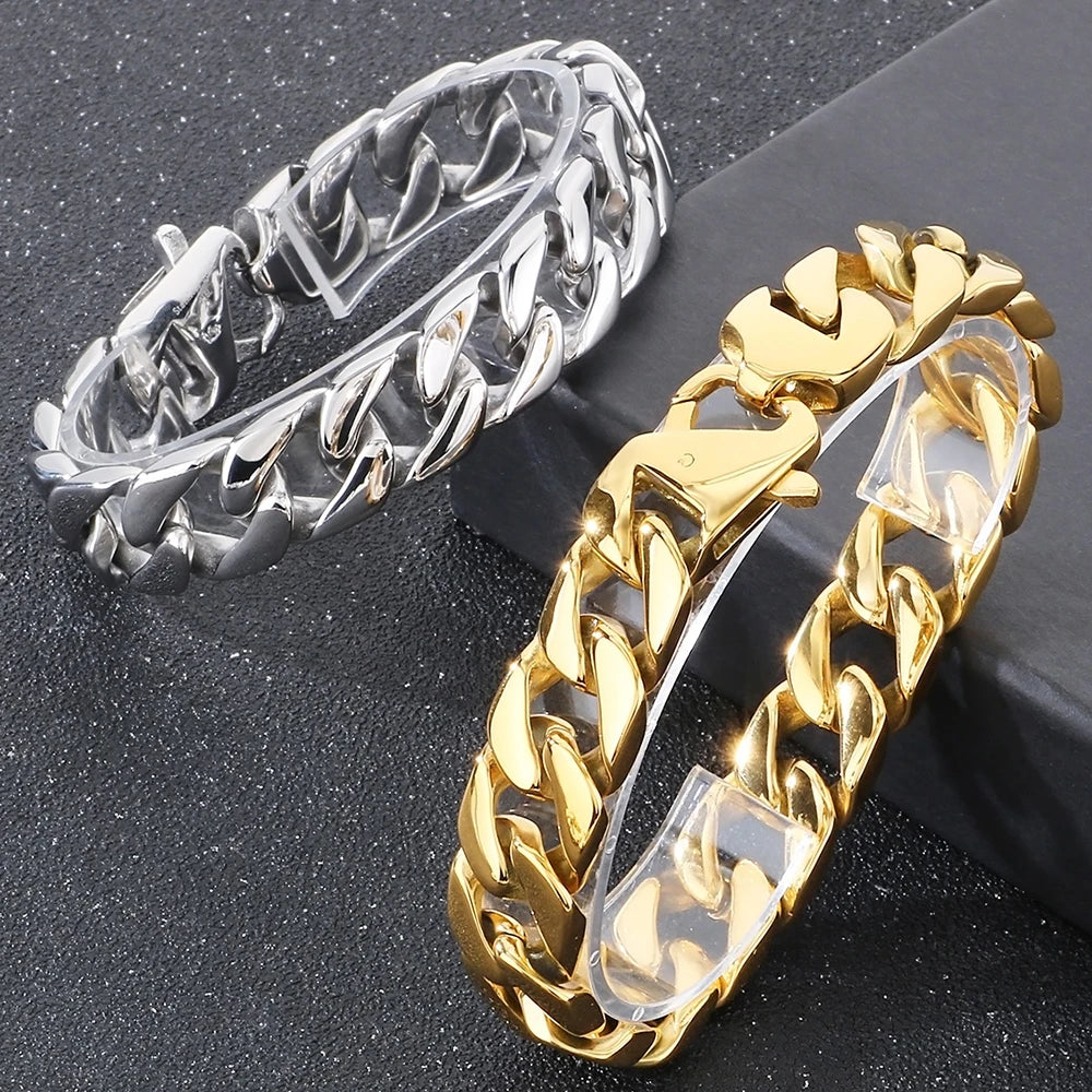 Polished 316L Stainless Steel Curb Chain Bracelet Man 15MM Wide Men's Bracelets & Bangles Handle Fashion Male Jewelry Accessory