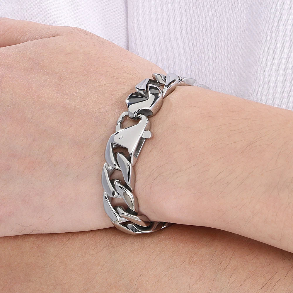 Polished 316L Stainless Steel Curb Chain Bracelet Man 15MM Wide Men's Bracelets & Bangles Handle Fashion Male Jewelry Accessory