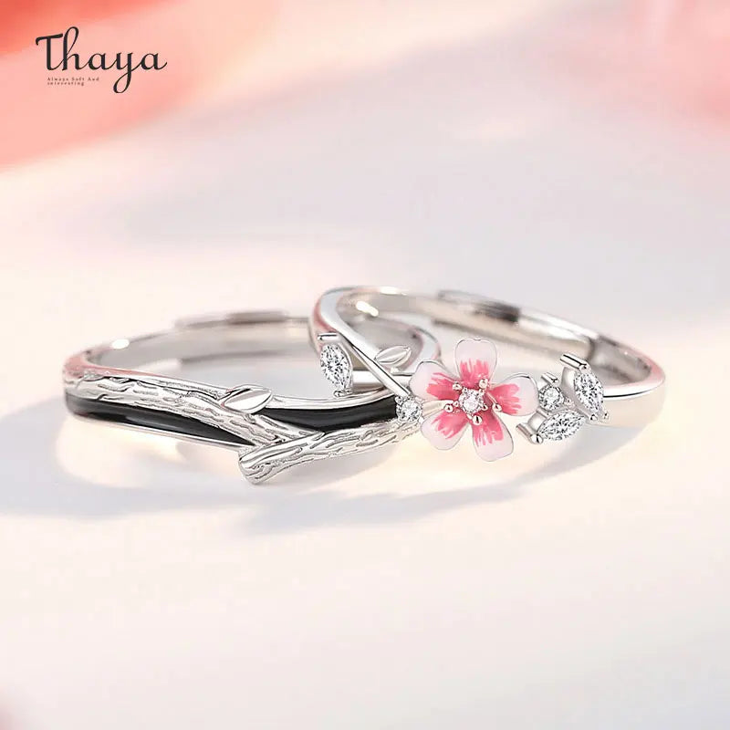 Thaya S925 Sterling Silver Women Wedding Ring Exquisite Luxury Finger Cherry Blossom Ring for Couple Engagement Party Jewelry