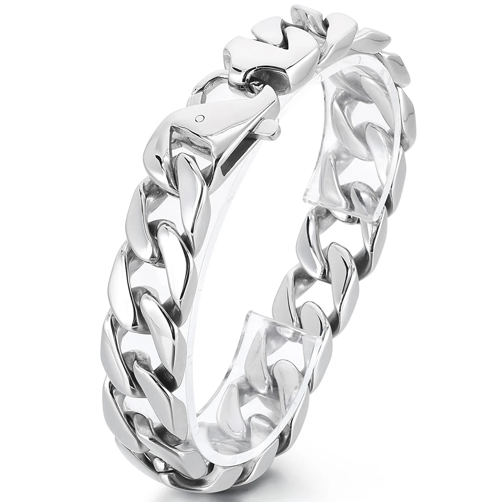 Polished 316L Stainless Steel Curb Chain Bracelet Man 15MM Wide Men's Bracelets & Bangles Handle Fashion Male Jewelry Accessory