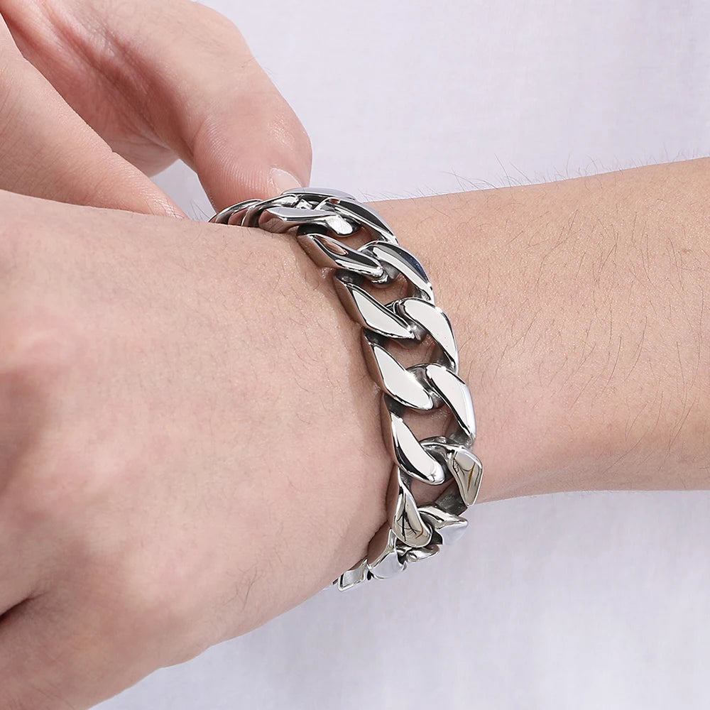 Polished 316L Stainless Steel Curb Chain Bracelet Man 15MM Wide Men's Bracelets & Bangles Handle Fashion Male Jewelry Accessory