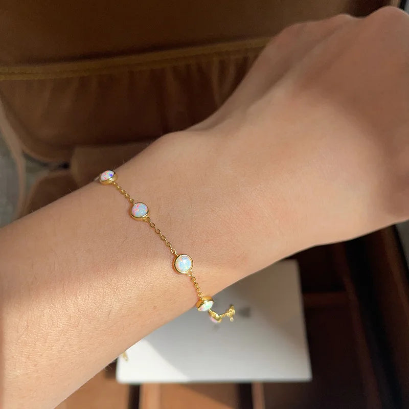 Monkton S925  Sterling Silver Opal Bracelet for Women 14Kgold Plated Tennis Bracelet Jewelry Anniversary Birthday for Girls Wife