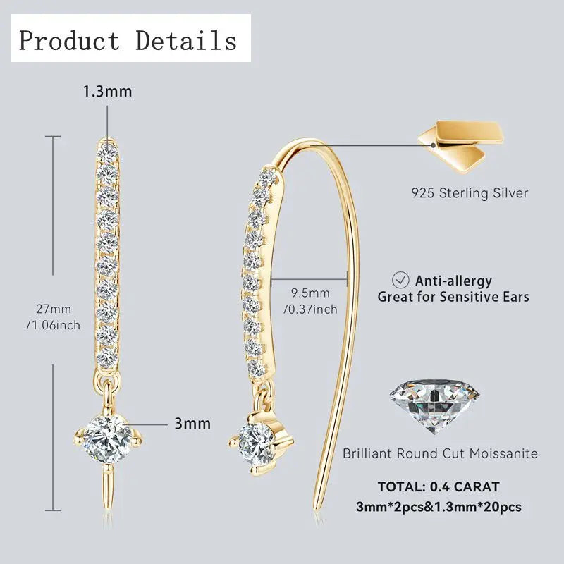 RAPRGOLD VVS1 Round Moissanite U-shaped Stud Earrings For Women Girls 925 Sterling Silver Earring Pendientes Fine Jewelry Gifts