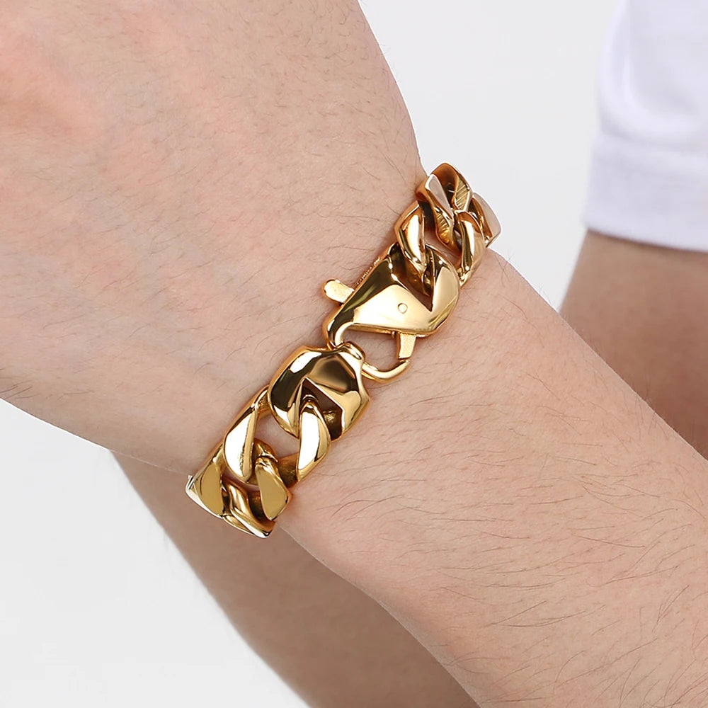 Polished 316L Stainless Steel Curb Chain Bracelet Man 15MM Wide Men's Bracelets & Bangles Handle Fashion Male Jewelry Accessory